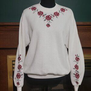 Vintage Bon Worth Floral Rose Embroidery Textured Terry Cloth Sweatshirt Sz Sm